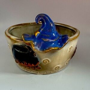 Halloween Ceramic Bowl/Candy Dish with Blue Witch Hat, Cauldron and Broom